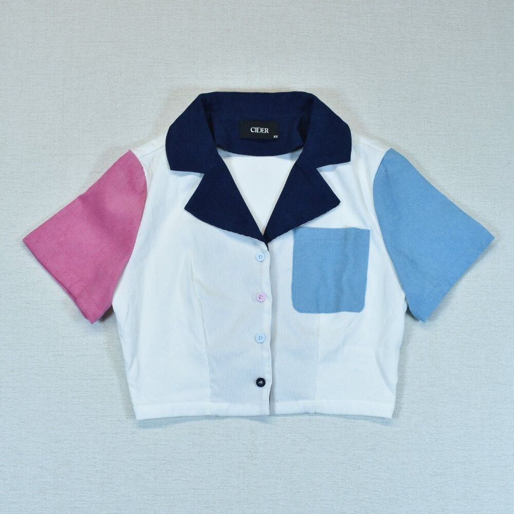 Cider Womens Colorblock Cropped Short Sleeve Button Up Shirt Top Pastel XS - Picture 2 of 5